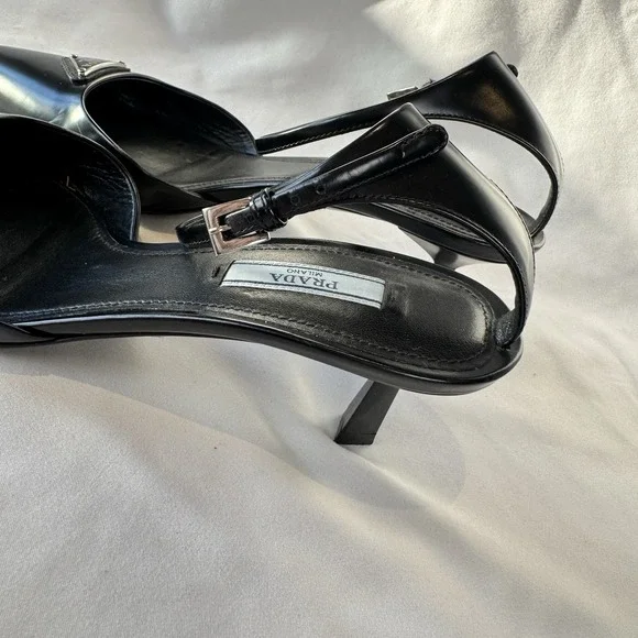 Prada Slingback Stiletto Ankle Strap Logo Accent Black Pointed Toe Leather 37.5 - Picture 9 of 14